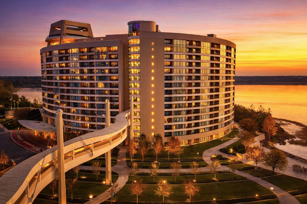 Bay Lake Tower exterior at dusk